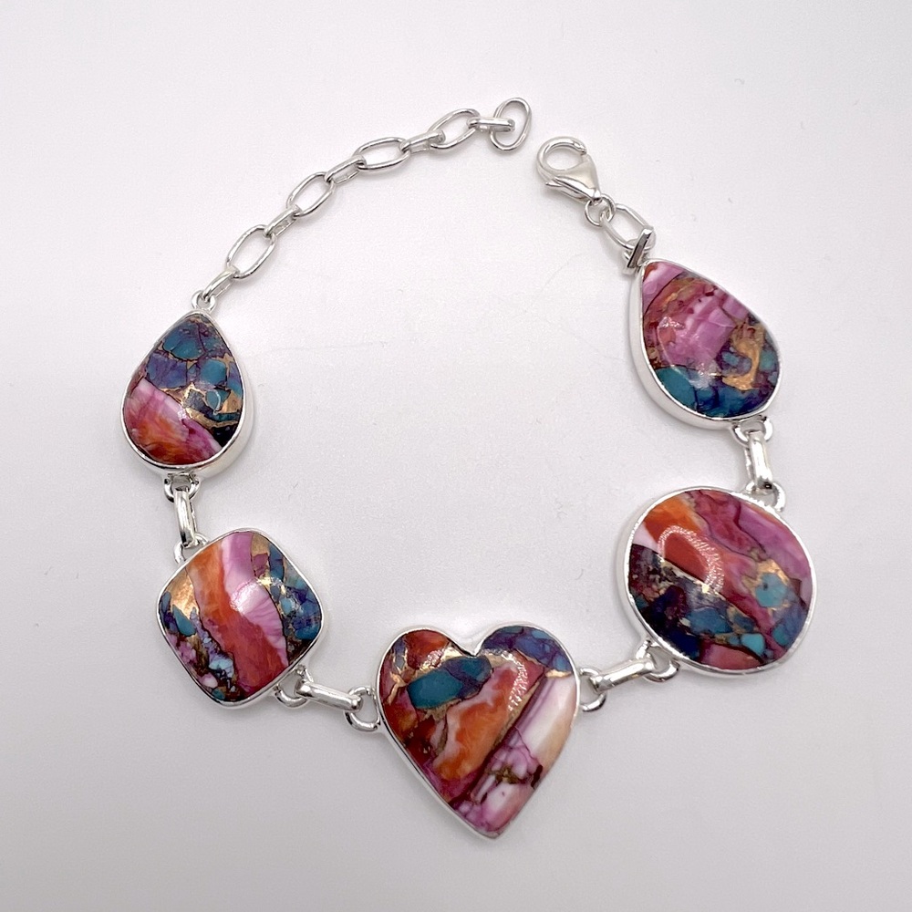 Pink Oyster Turquoise .925 Sterling Silver Bracelet - Picture 5 of 17